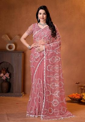 Onion Pink Sequin Work Net Saree Set