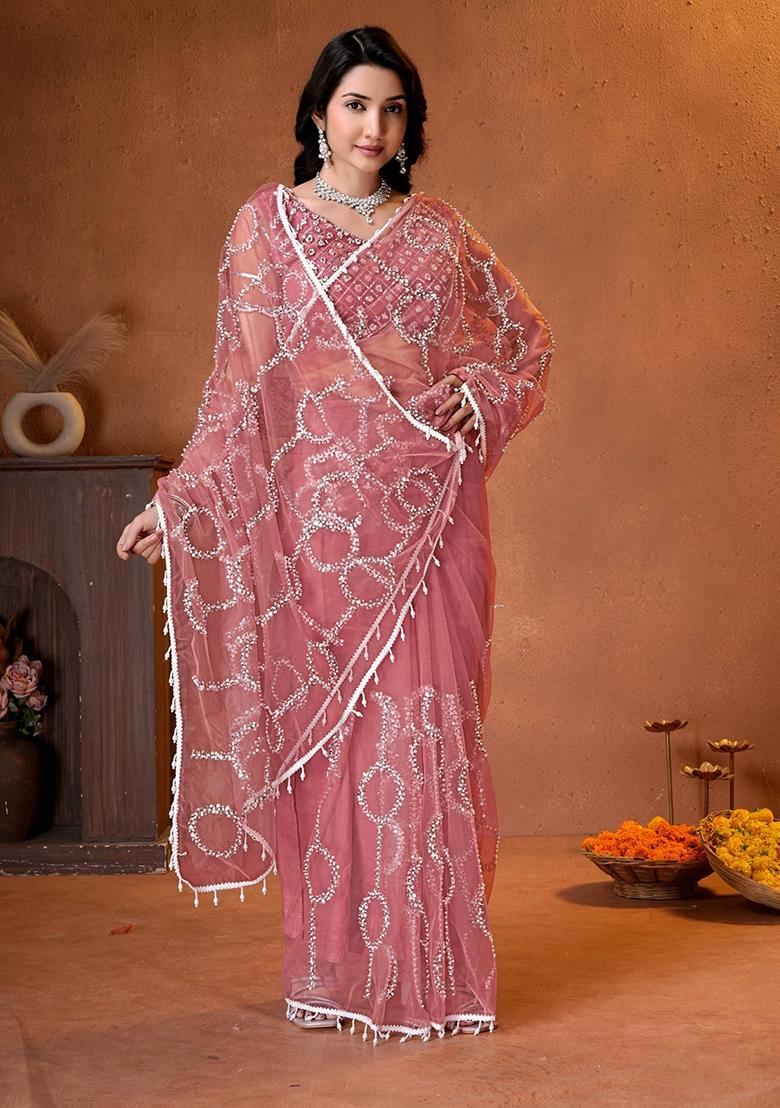 Onion Pink Sequin Work Net Saree Set - Indya