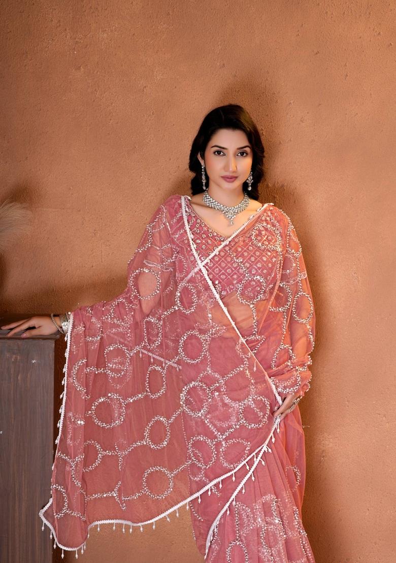 Onion Pink Sequin Work Net Saree Set - Indya