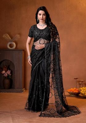 Black Sequin Work Net Saree Set