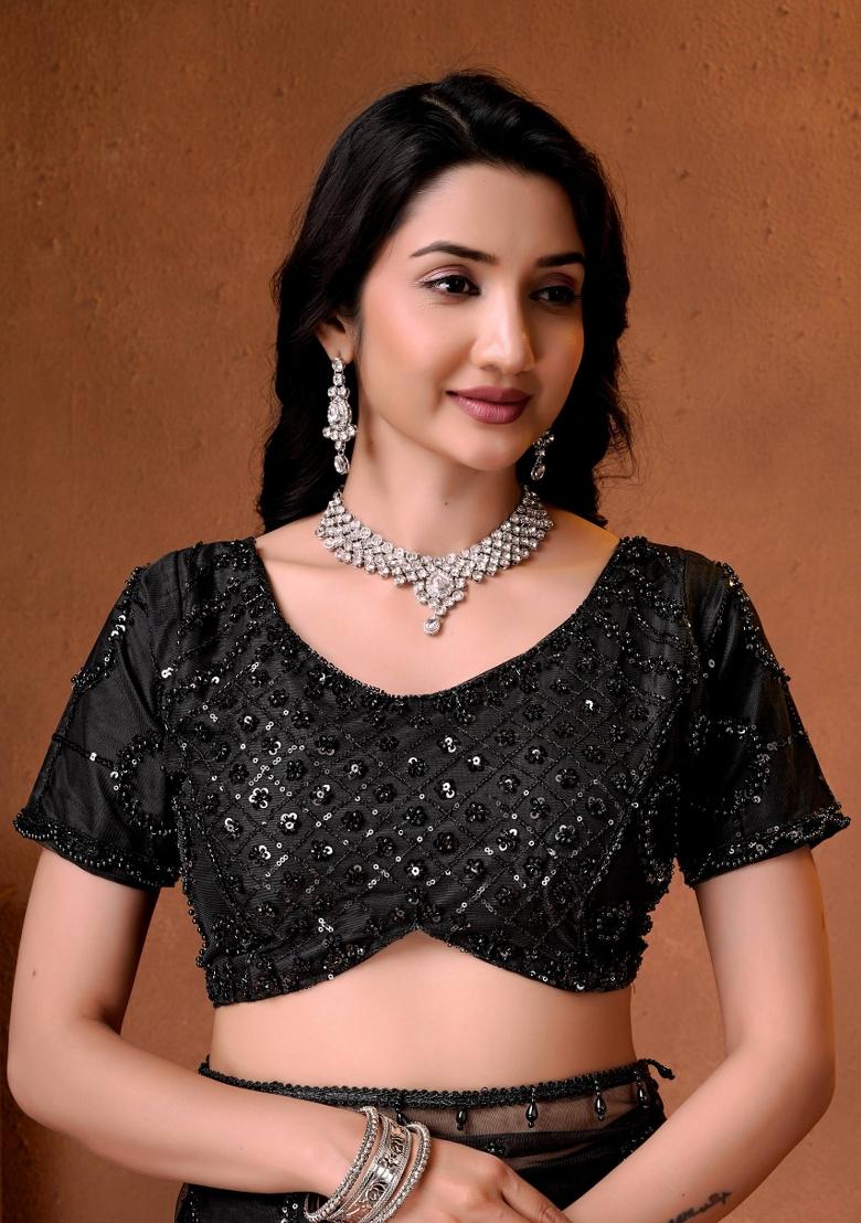 Black Sequin Work Net Saree Set - Indya