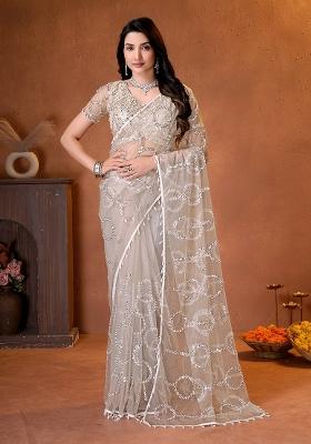 Beige Sequin Work Net Saree Set