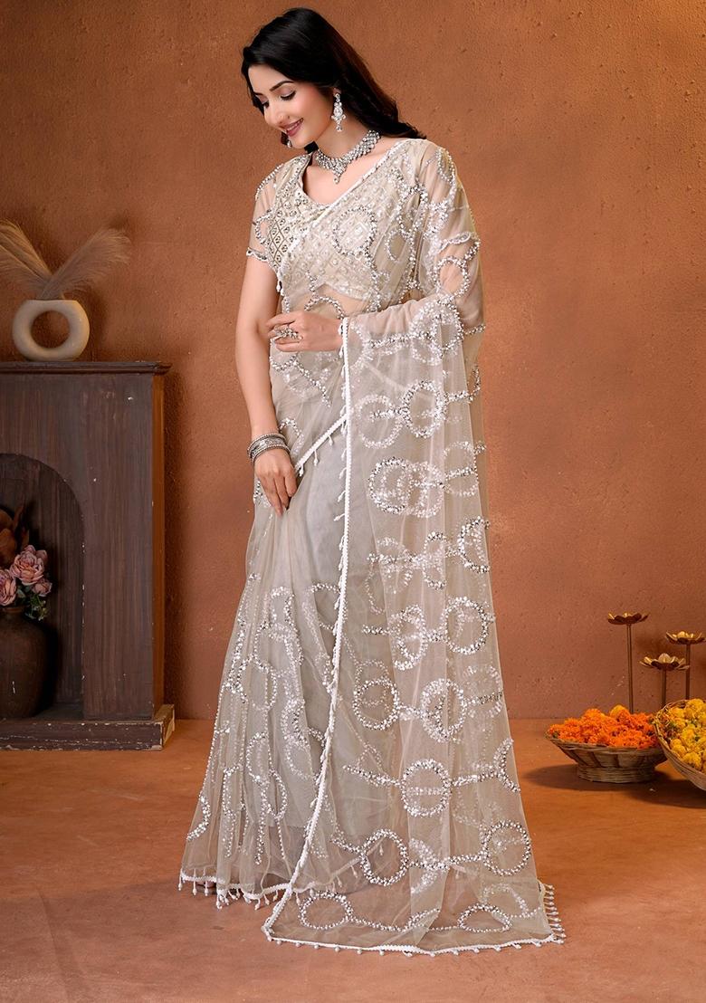 Beige Sequin Work Net Saree Set - Indya