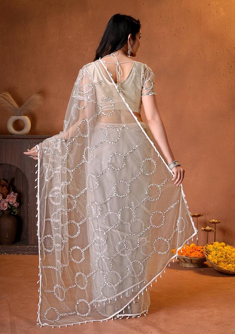 Beige Sequin Work Net Saree Set - Indya