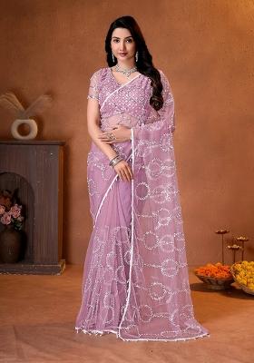 Mauve Sequin Work Net Saree Set