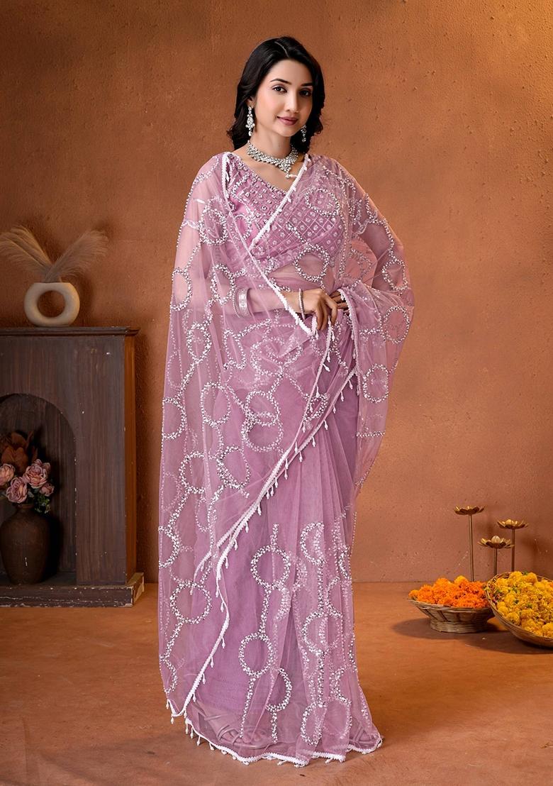 Mauve Sequin Work Net Saree Set - Indya