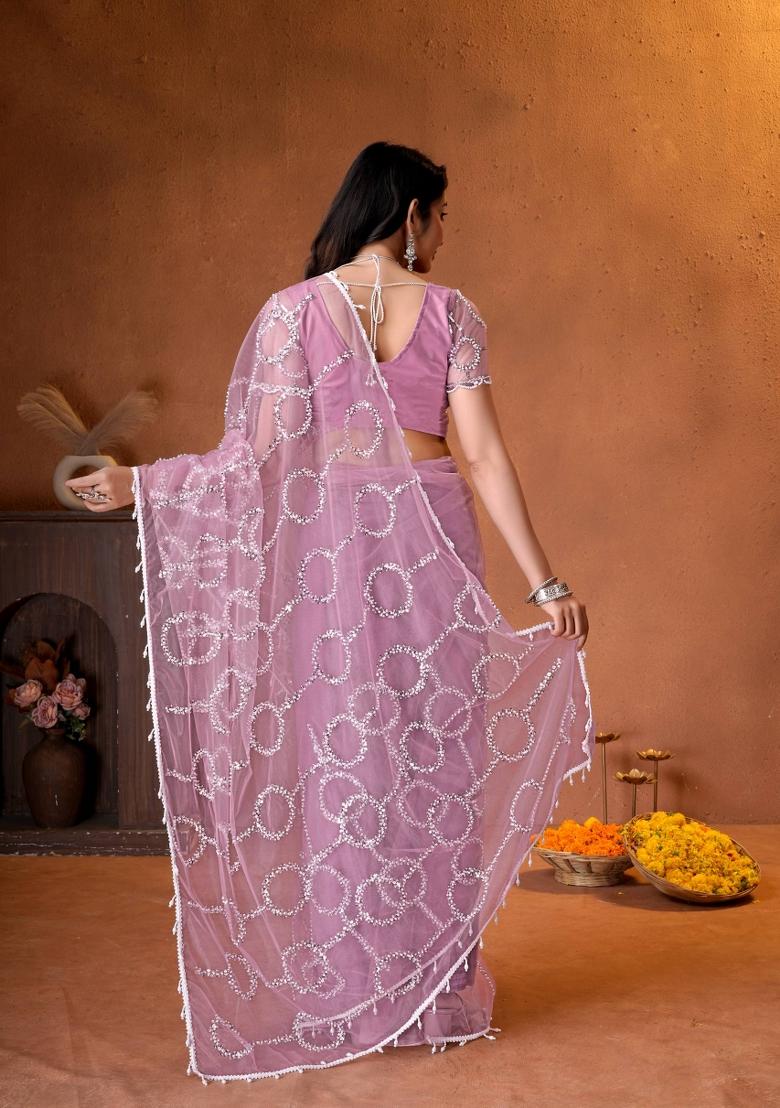 Mauve Sequin Work Net Saree Set - Indya