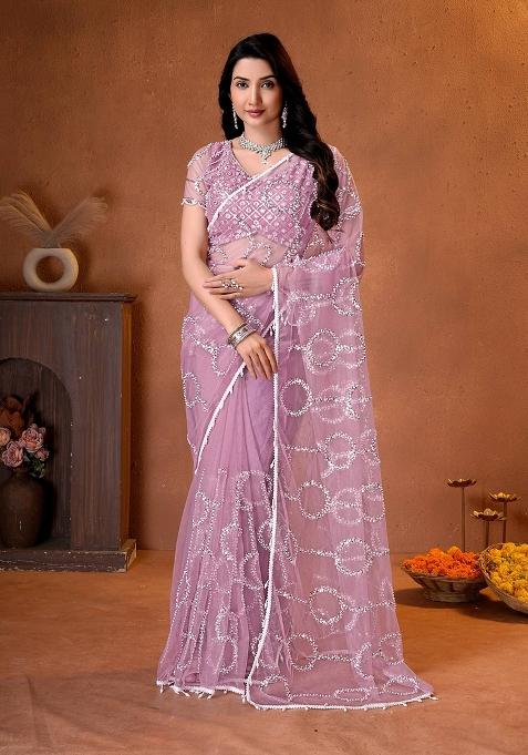 Mauve Work Net Saree Set with Sequin for Diwali | Wedding & Festive Wear