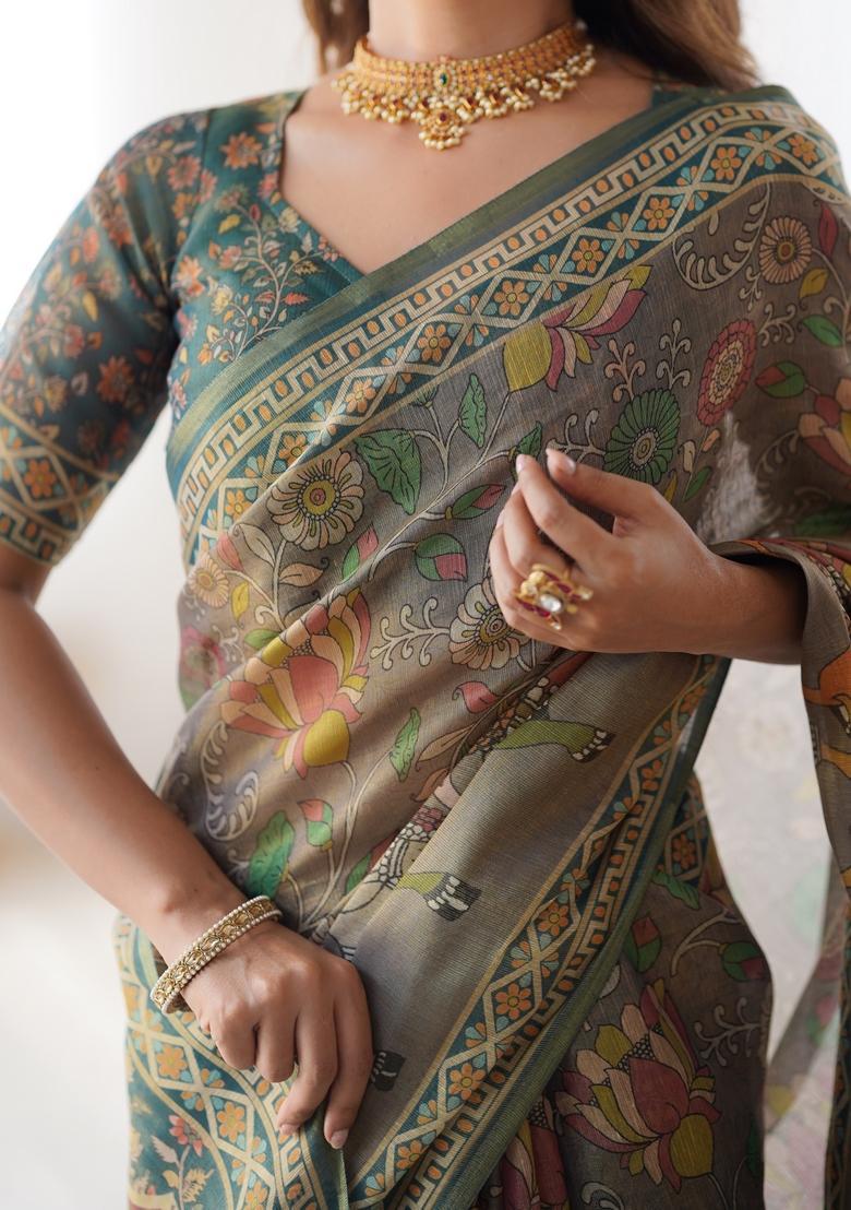 Multicolor Printed Linen Saree Set - Indya