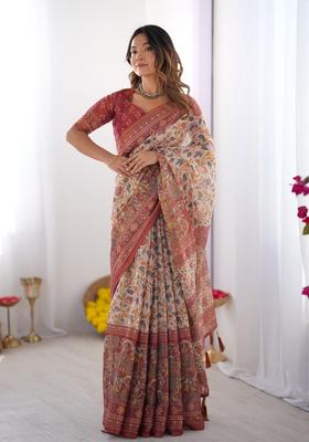 Multicolor Printed Linen Saree Set