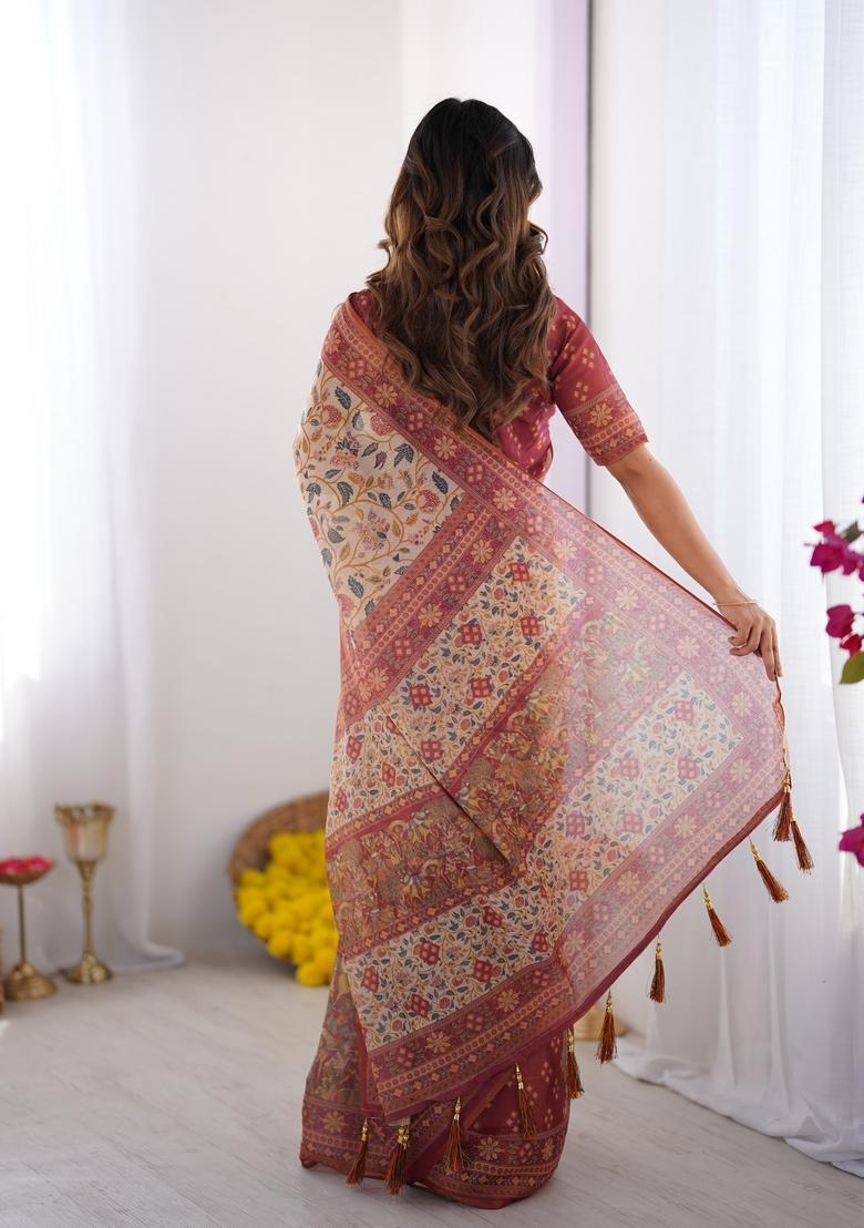 Multicolor Printed Linen Saree Set - Indya