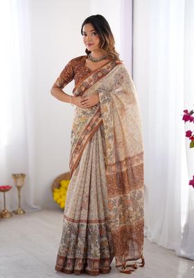 Multicolor Printed Linen Saree Set