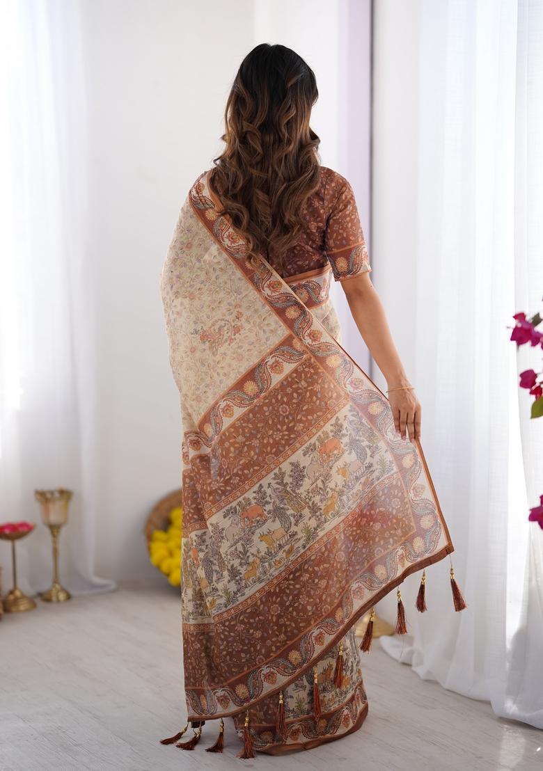 Multicolor Printed Linen Saree Set - Indya