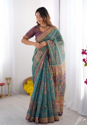 Multicolor Printed Linen Saree Set