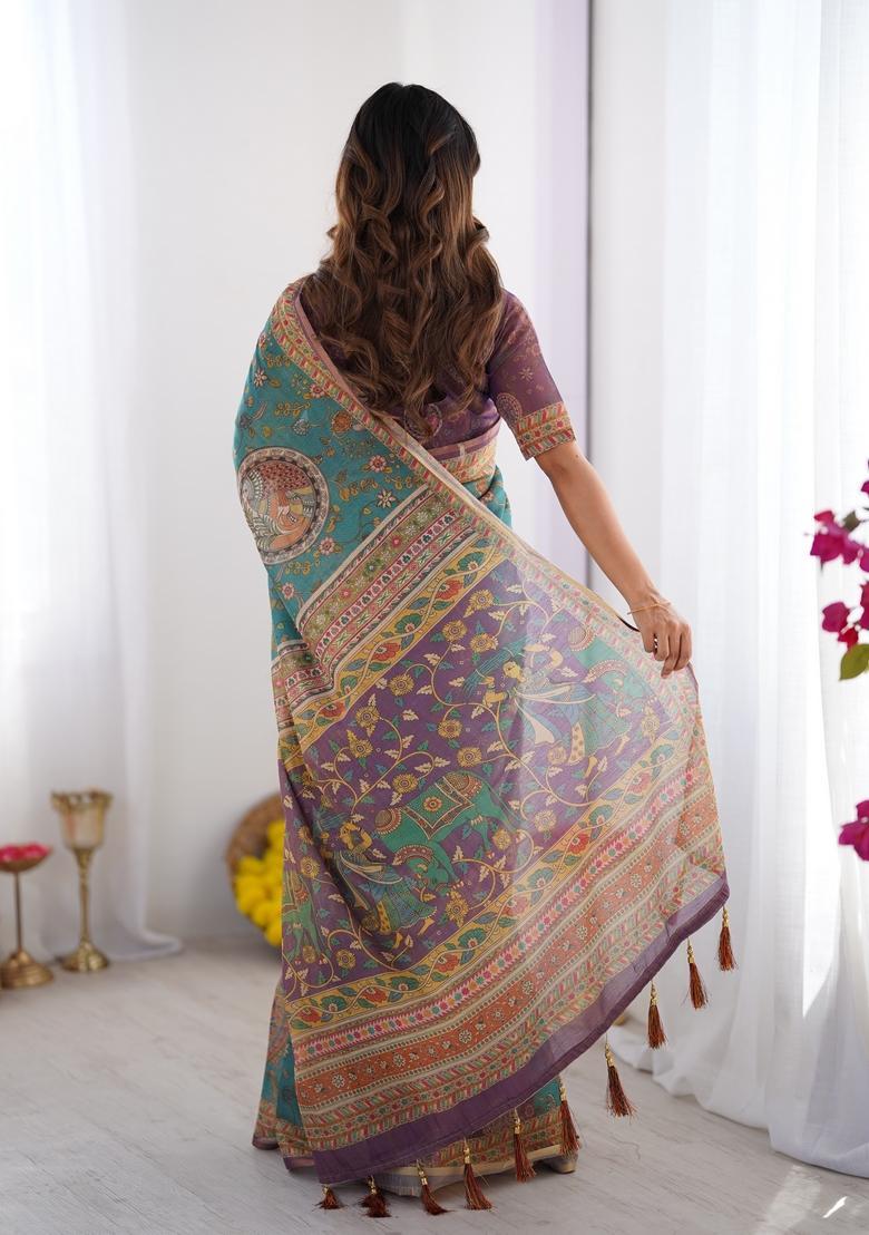 Multicolor Printed Linen Saree Set - Indya