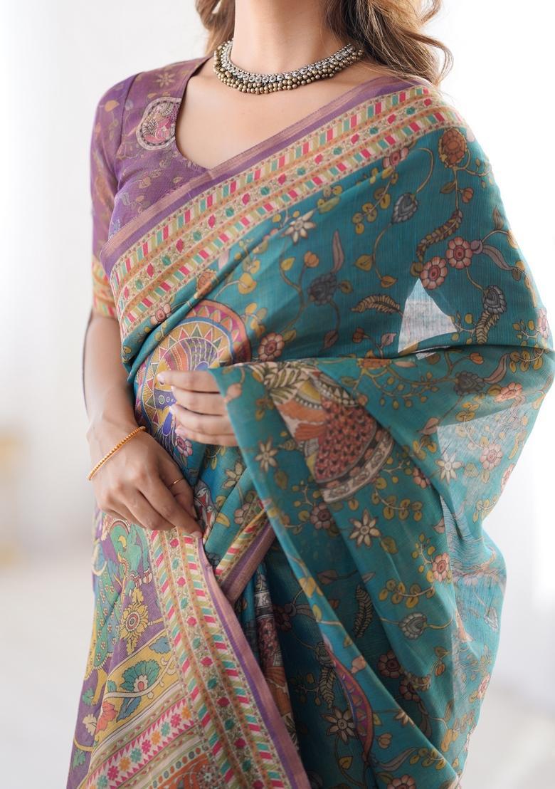 Multicolor Printed Linen Saree Set - Indya