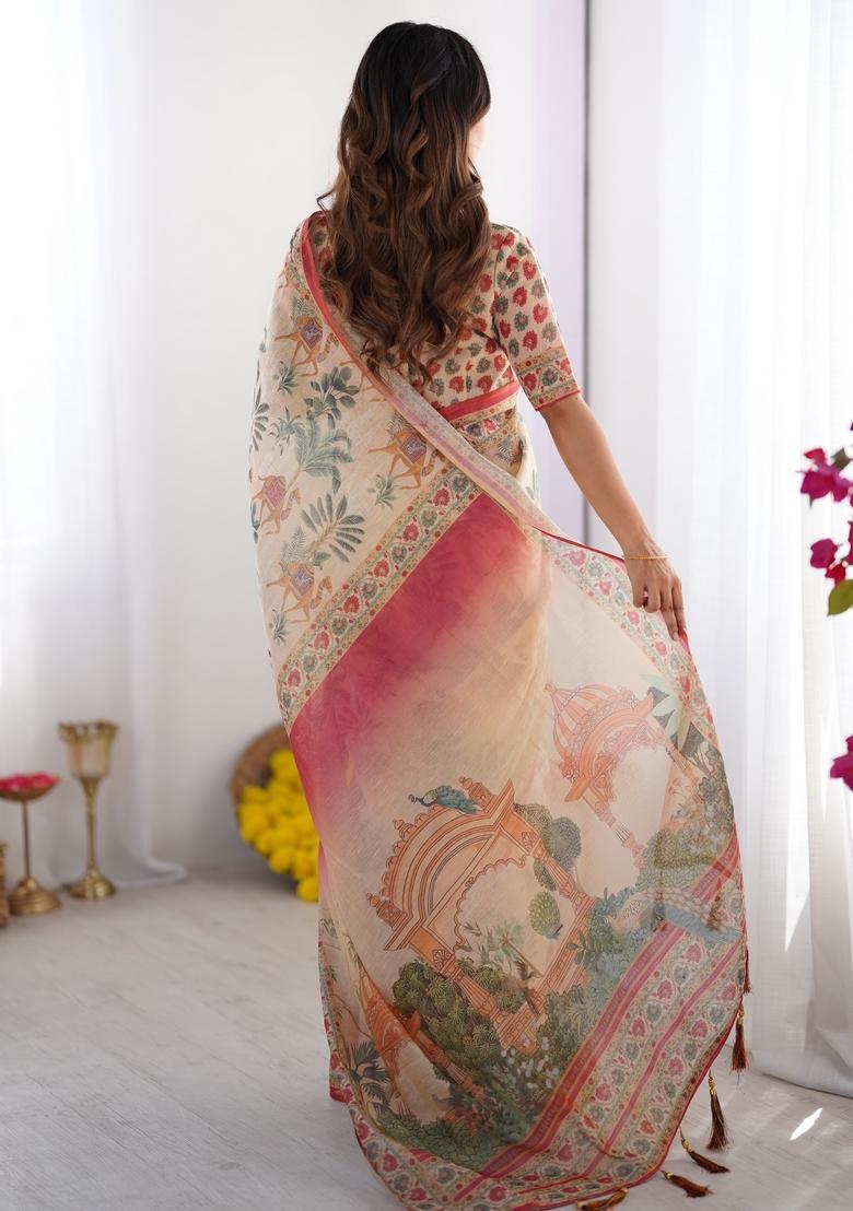 Multicolor Printed Linen Saree Set - Indya