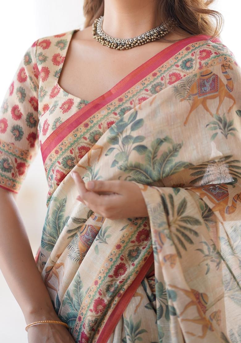 Multicolor Printed Linen Saree Set - Indya