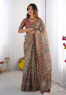 Multicolor Printed Linen Saree Set