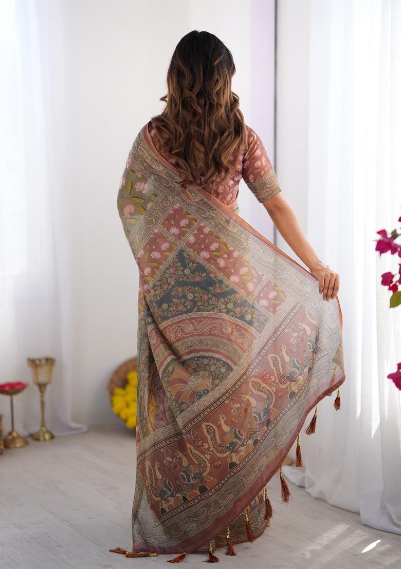 Multicolor Printed Linen Saree Set - Indya