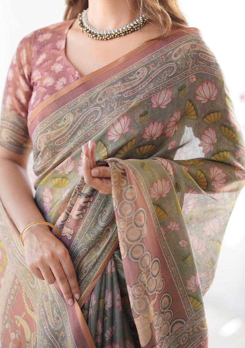Multicolor Printed Linen Saree Set - Indya
