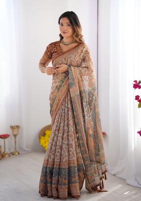 Multicolor Printed Linen Saree Set