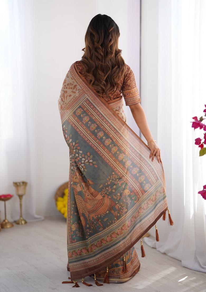 Multicolor Printed Linen Saree Set - Indya