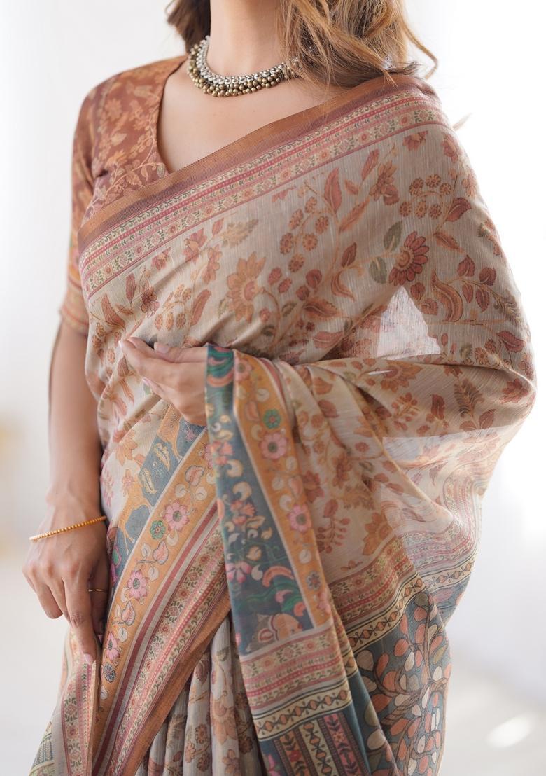 Multicolor Printed Linen Saree Set - Indya