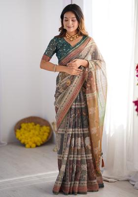 Multicolor Printed Linen Saree Set