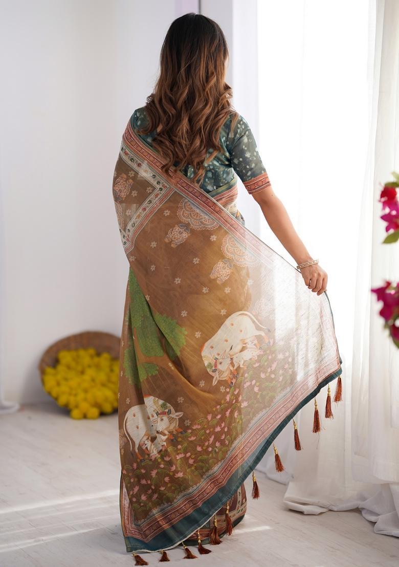 Multicolor Printed Linen Saree Set - Indya