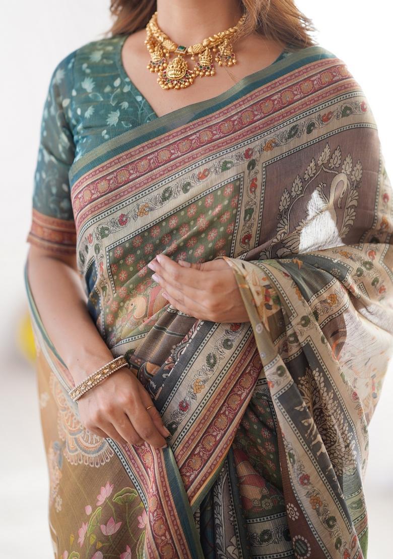 Multicolor Printed Linen Saree Set - Indya