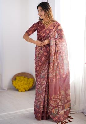 Multicolor Printed Linen Saree Set