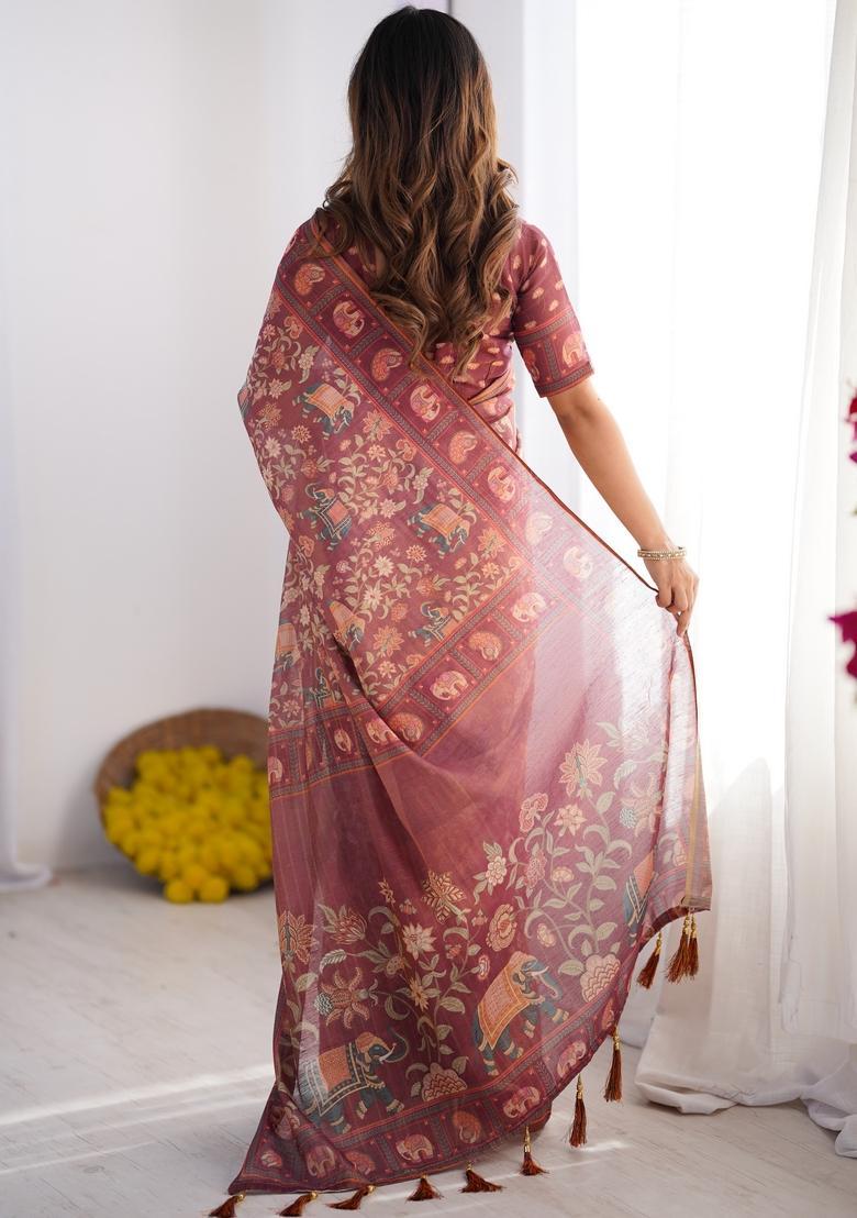 Multicolor Printed Linen Saree Set - Indya