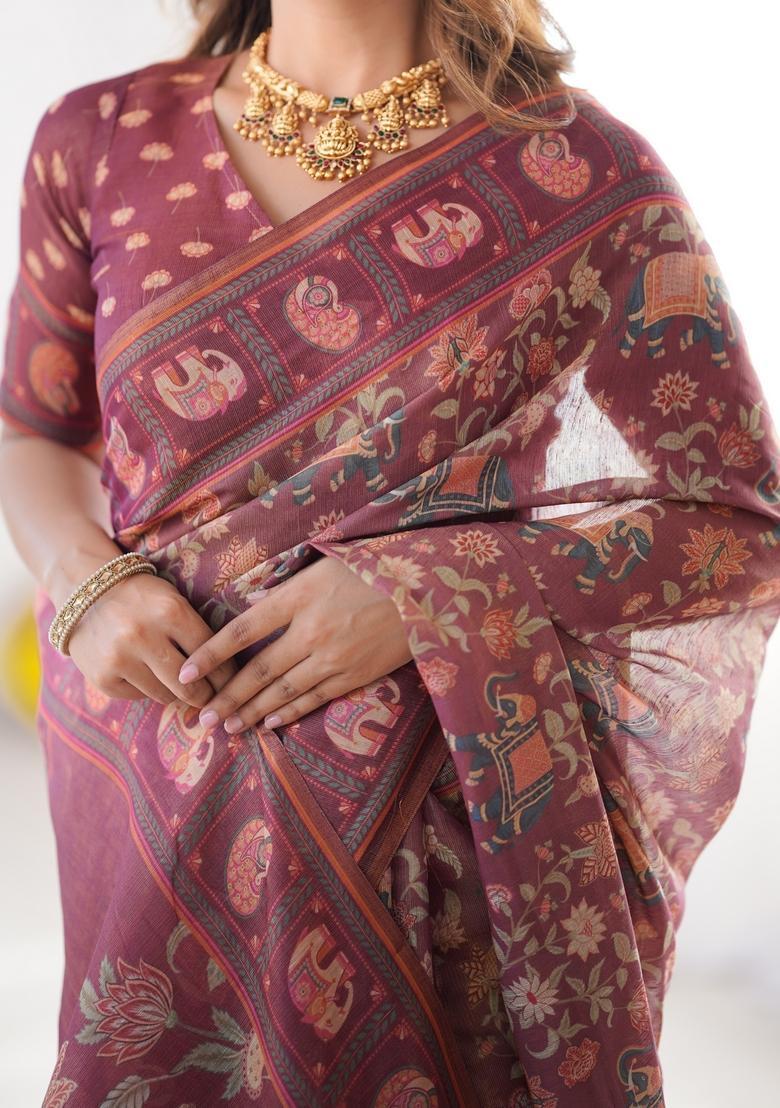 Multicolor Printed Linen Saree Set - Indya