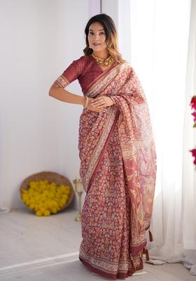 Multicolor Printed Linen Saree Set