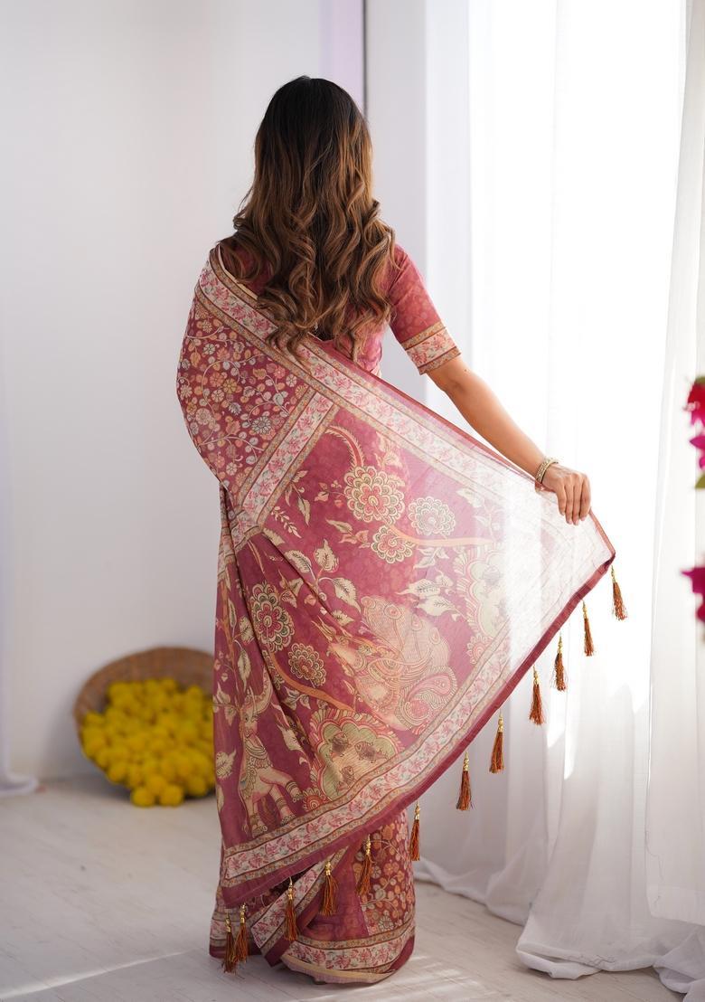Multicolor Printed Linen Saree Set - Indya