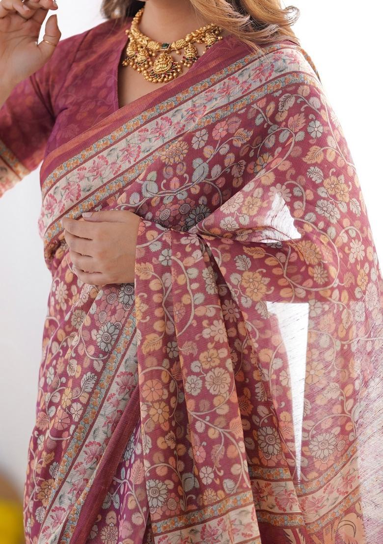 Multicolor Printed Linen Saree Set - Indya
