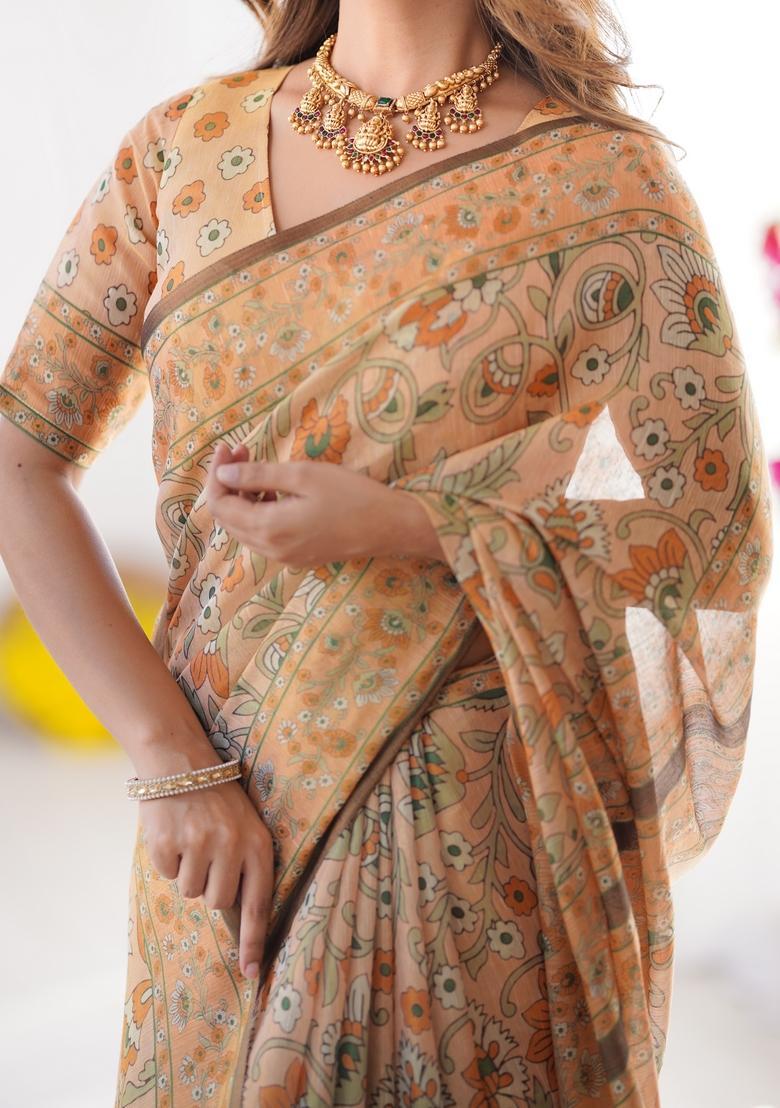 Multicolor Printed Linen Saree Set - Indya