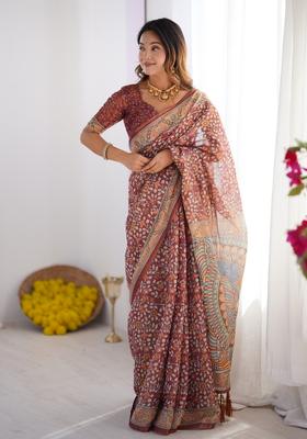 Multicolor Printed Linen Saree Set
