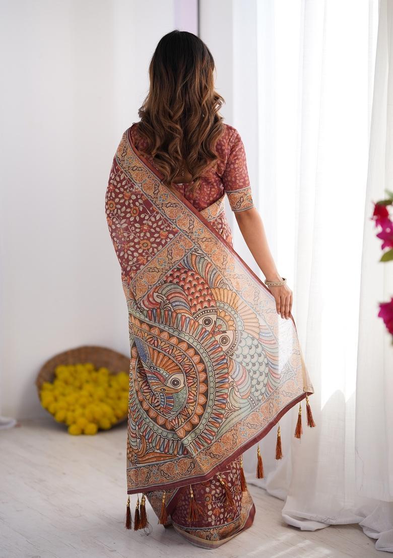 Multicolor Printed Linen Saree Set - Indya
