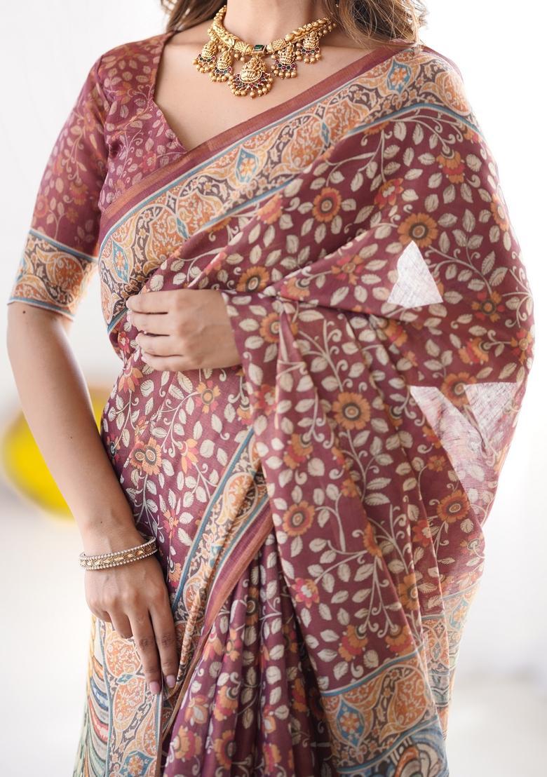Multicolor Printed Linen Saree Set - Indya