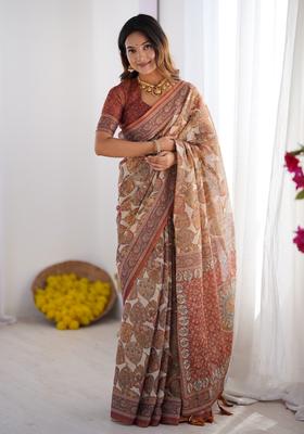 Multicolor Printed Linen Saree Set