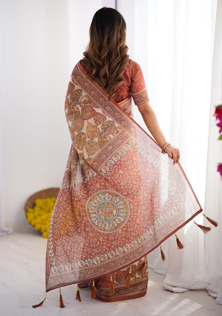 Multicolor Printed Linen Saree Set - Indya