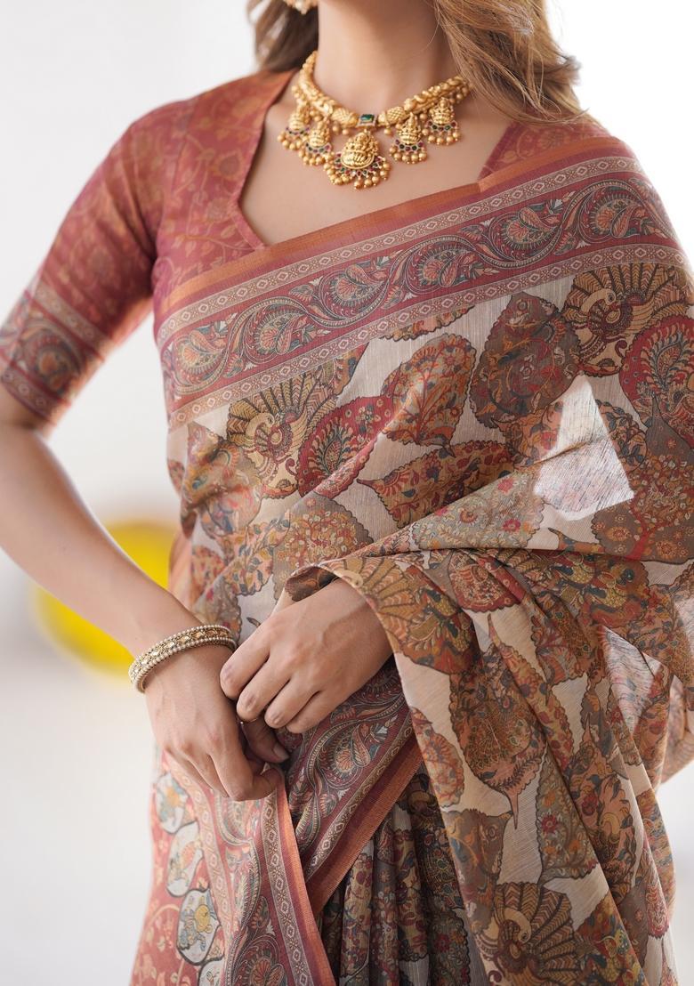 Multicolor Printed Linen Saree Set - Indya
