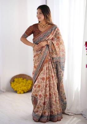 Multicolor Printed Linen Saree Set