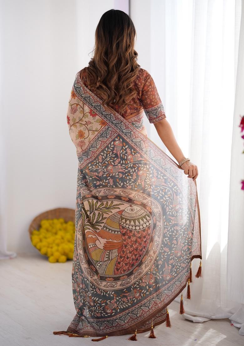 Multicolor Printed Linen Saree Set - Indya