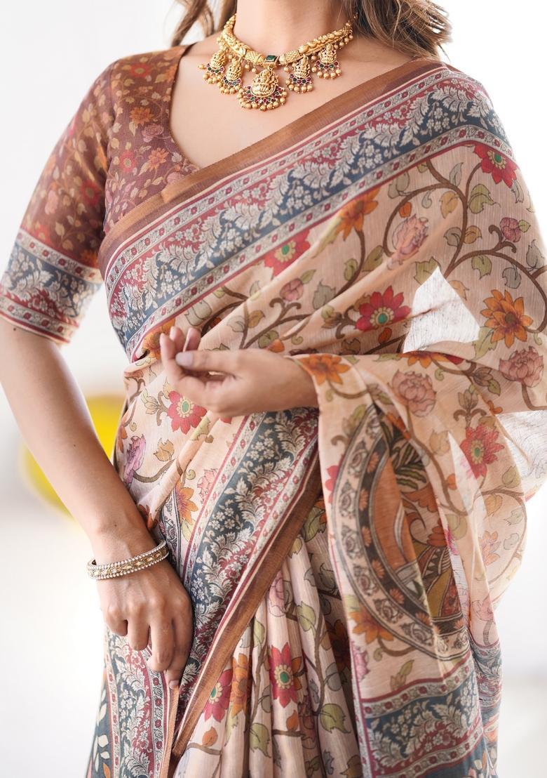 Multicolor Printed Linen Saree Set - Indya