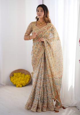 Multicolor Printed Linen Saree Set