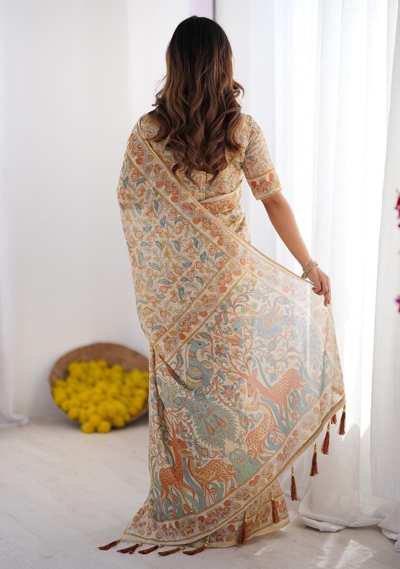 Multicolor Printed Linen Saree Set - Indya