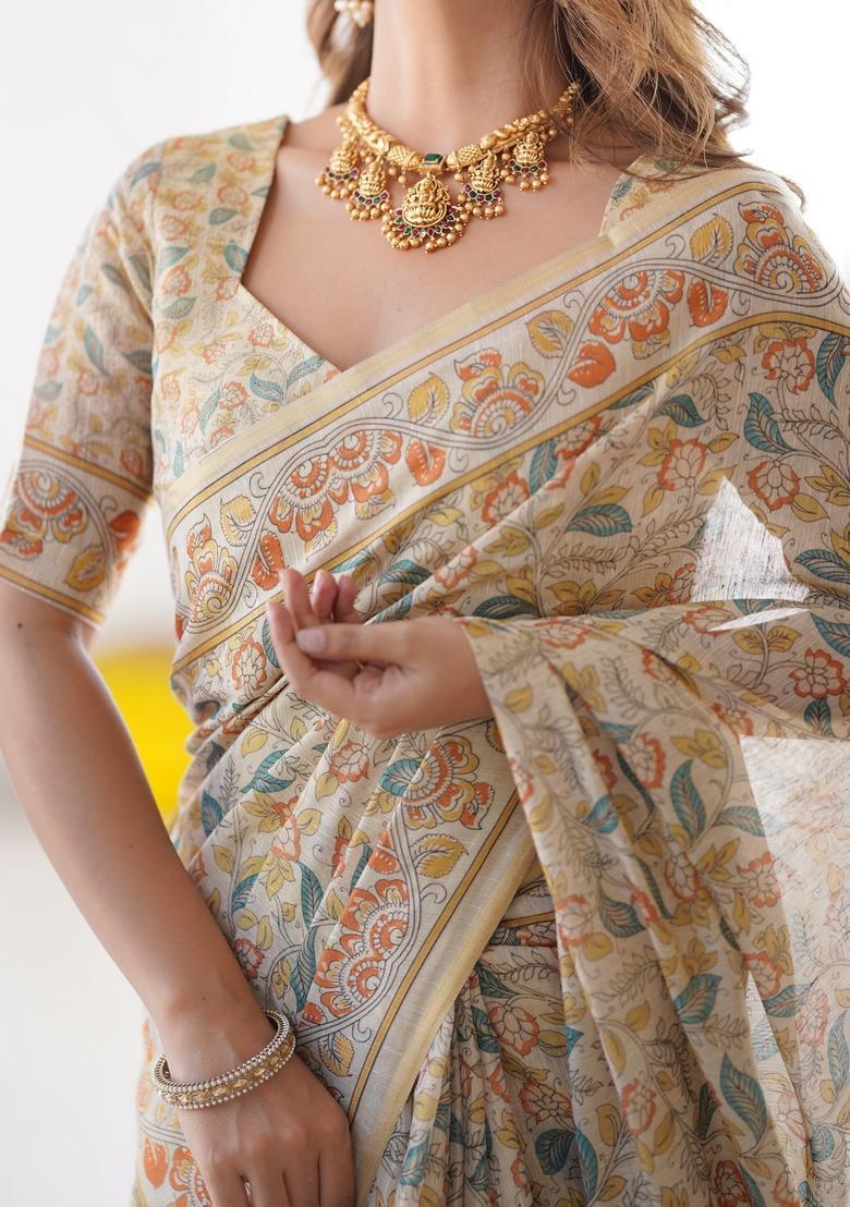 Multicolor Printed Linen Saree Set - Indya